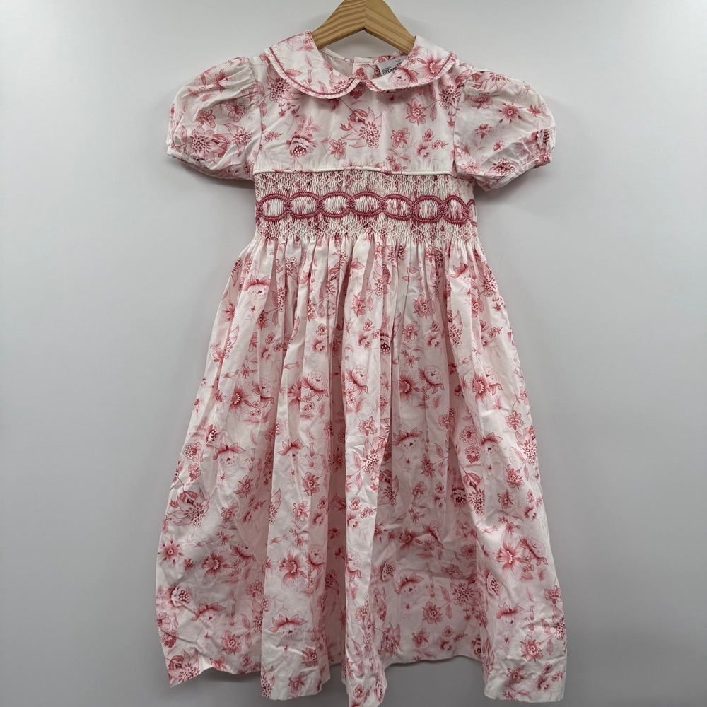 Vintage‎ basic editions Cottage Smocked Party Dress Pink Floral Puff Sleeves 6